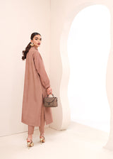 Buy a Smoky Quartz raw silk outfit online featuring pintucks, frill details, and a button-down front—perfect for an elegant statement look.