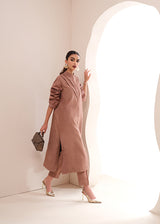 Buy a Smoky Quartz raw silk outfit online featuring pintucks, frill details, and a button-down front—perfect for an elegant statement look.