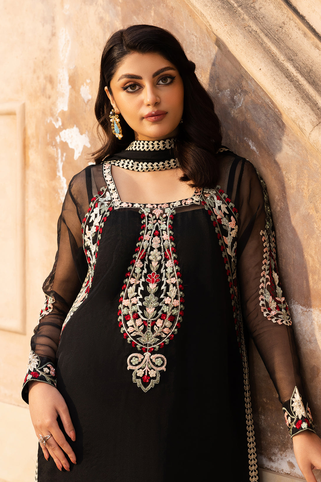 Meher – Black organza shirt with floral embroidery, hand embellishments, and a silk dupatta