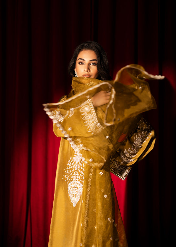 Olive green raw silk outfit with hand-done zardosi, Swarovski embellishments, and an embroidered organza dupatta.
