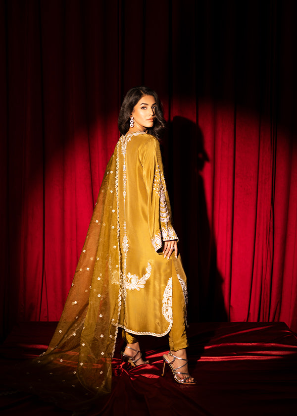 Olive green raw silk outfit with hand-done zardosi, Swarovski embellishments, and an embroidered organza dupatta.