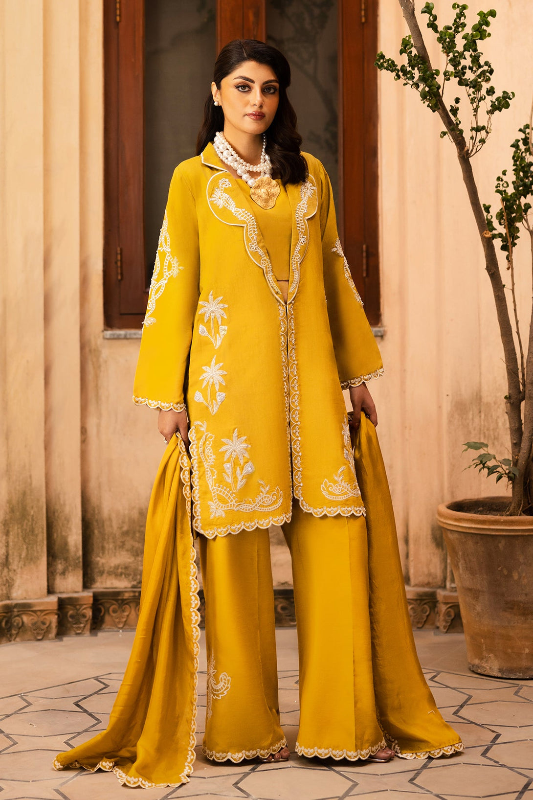 Nayra deep lime yellow stitched raw silk outfit with embroidery and embellishments