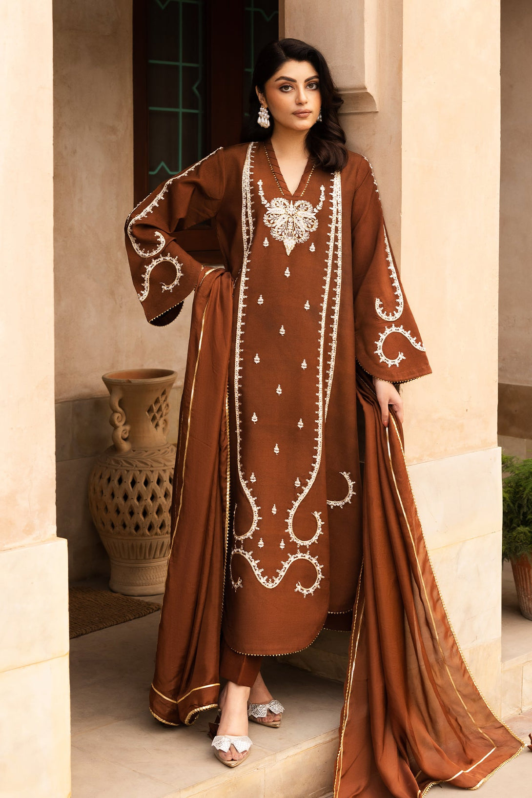 Zarrah - Chocolate brown raw silk outfit with off-white embroidery and embellishments.