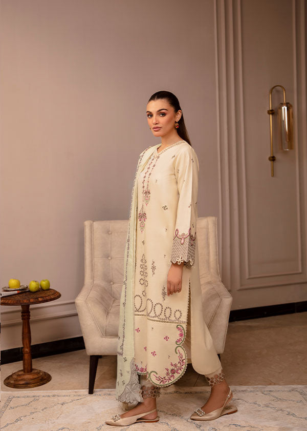 Buy Clara ivory beige embroidered 3PC dress online – featuring pink & green embroidery, lacework, a straight-line silhouette, and a woven dupatta for an elegant and timeless look.