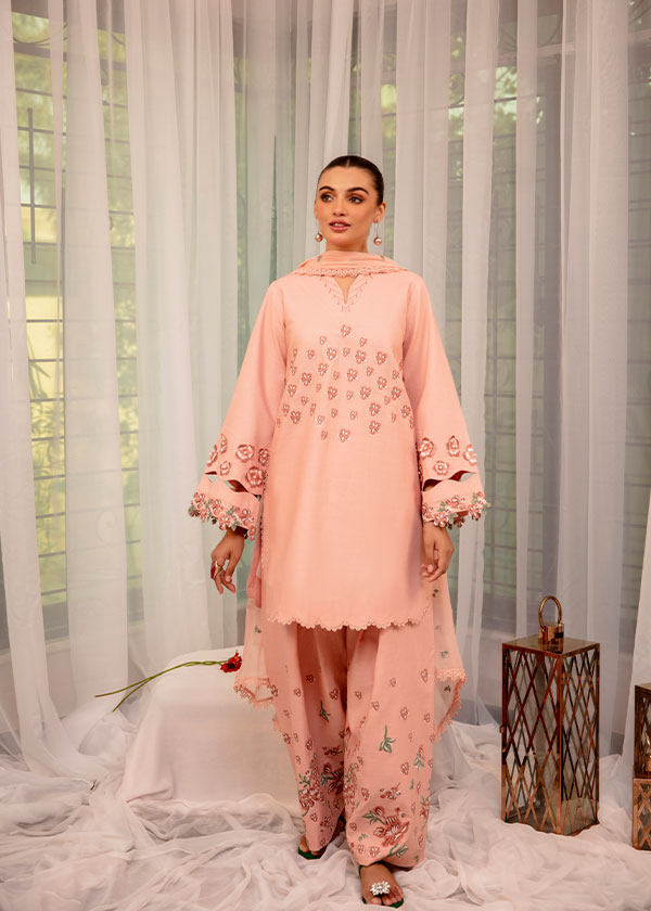 Buy Flora salmon pink embroidered outfit online – a sophisticated 3-piece set with cross-stitch embroidery, 3D floral sleeves, and a chiffon dupatta.