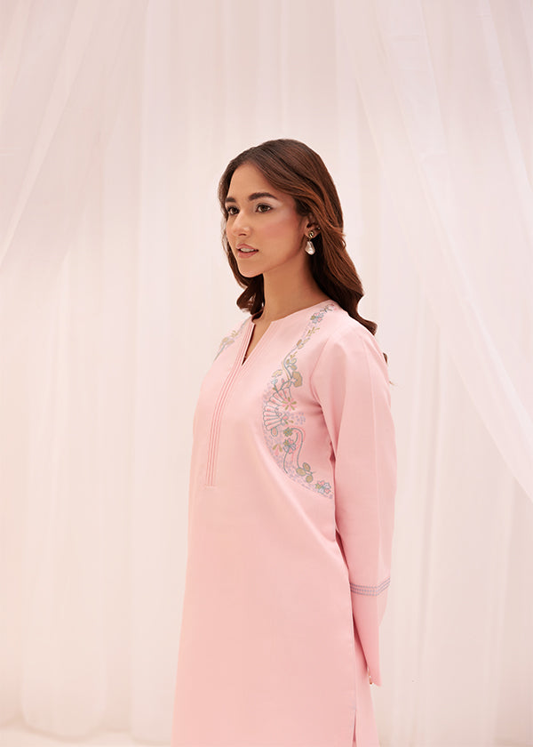 Buy Peony blush pink embroidered outfit online – a chic ensemble with delicate embroidery, a breathable lawn shirt, and elegant tapered pants.