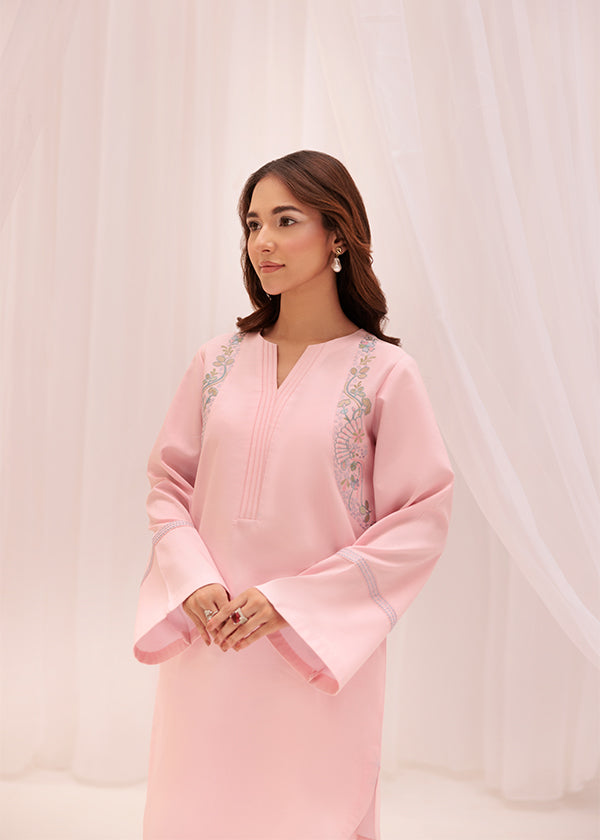 Buy Peony blush pink embroidered outfit online – a chic ensemble with delicate embroidery, a breathable lawn shirt, and elegant tapered pants.