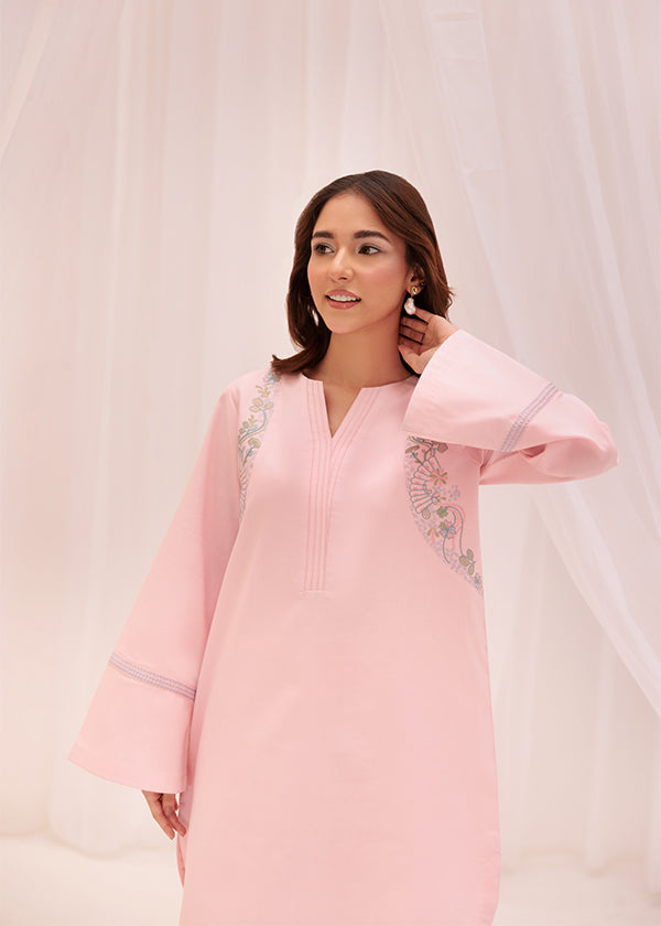 Buy Peony blush pink embroidered outfit online – a chic ensemble with delicate embroidery, a breathable lawn shirt, and elegant tapered pants.