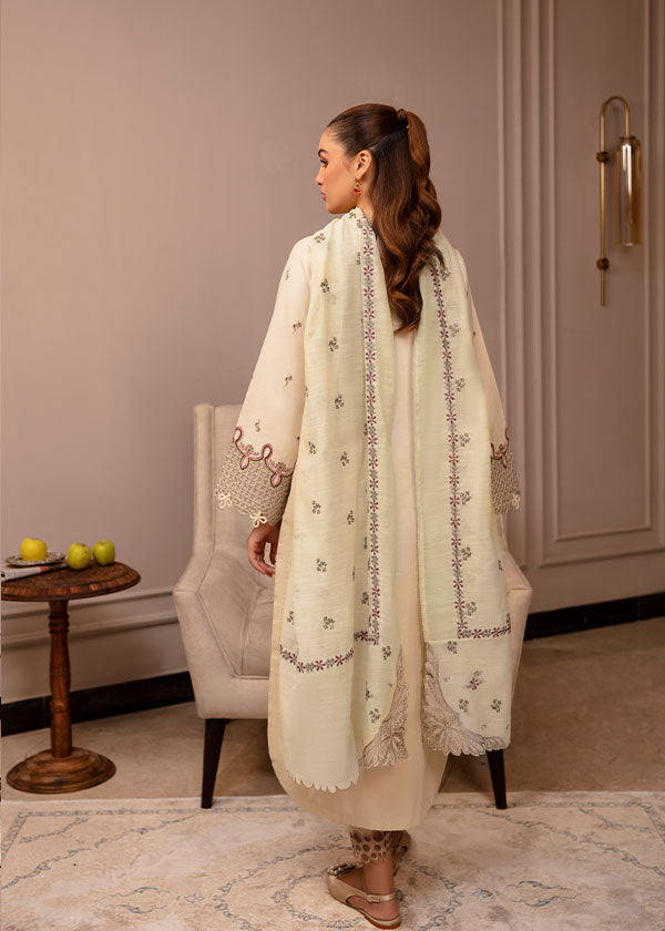 Buy Clara ivory beige embroidered 3PC dress online – featuring pink & green embroidery, lacework, a straight-line silhouette, and a woven dupatta for an elegant and timeless look.