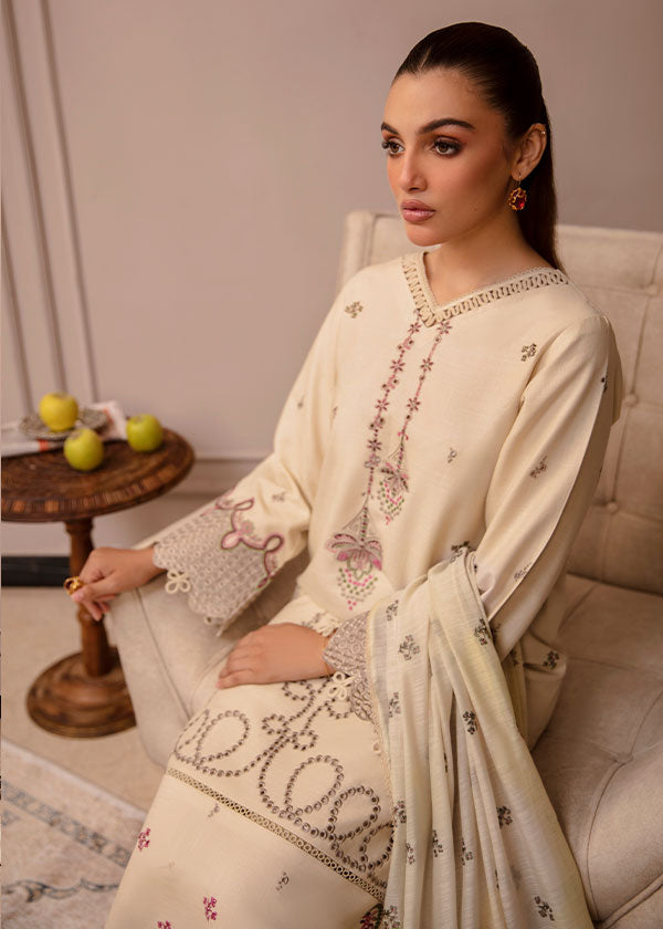 Buy Clara ivory beige embroidered 3PC dress online – featuring pink & green embroidery, lacework, a straight-line silhouette, and a woven dupatta for an elegant and timeless look.