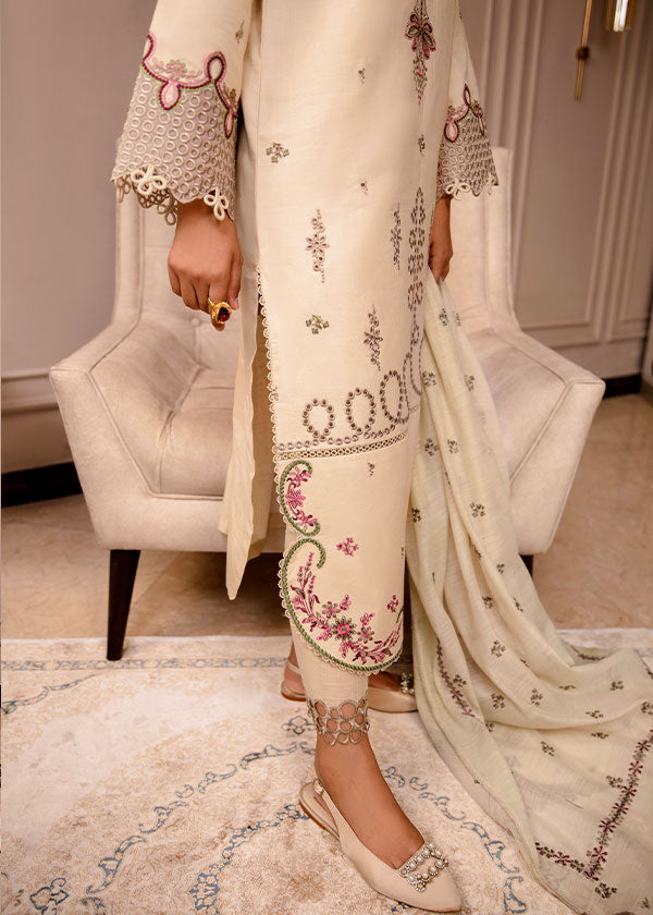 Buy Clara ivory beige embroidered 3PC dress online – featuring pink & green embroidery, lacework, a straight-line silhouette, and a woven dupatta for an elegant and timeless look.