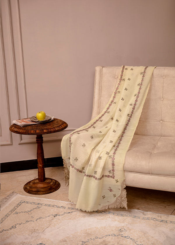 Buy Clara ivory beige embroidered 3PC dress online – featuring pink & green embroidery, lacework, a straight-line silhouette, and a woven dupatta for an elegant and timeless look.