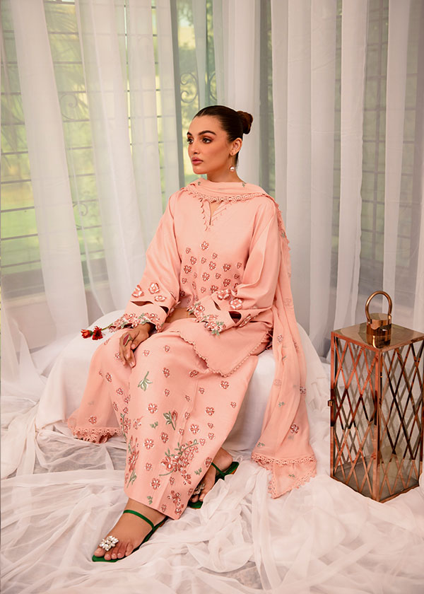 Buy Flora salmon pink embroidered outfit online – a sophisticated 3-piece set with cross-stitch embroidery, 3D floral sleeves, and a chiffon dupatta.