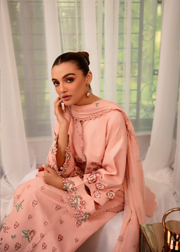 Buy Flora salmon pink embroidered outfit online – a sophisticated 3-piece set with cross-stitch embroidery, 3D floral sleeves, and a chiffon dupatta.