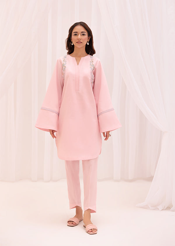 Buy Peony blush pink embroidered outfit online – a chic ensemble with delicate embroidery, a breathable lawn shirt, and elegant tapered pants.