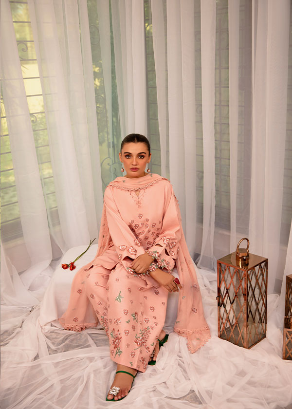 Buy Flora salmon pink embroidered outfit online – a sophisticated 3-piece set with cross-stitch embroidery, 3D floral sleeves, and a chiffon dupatta.